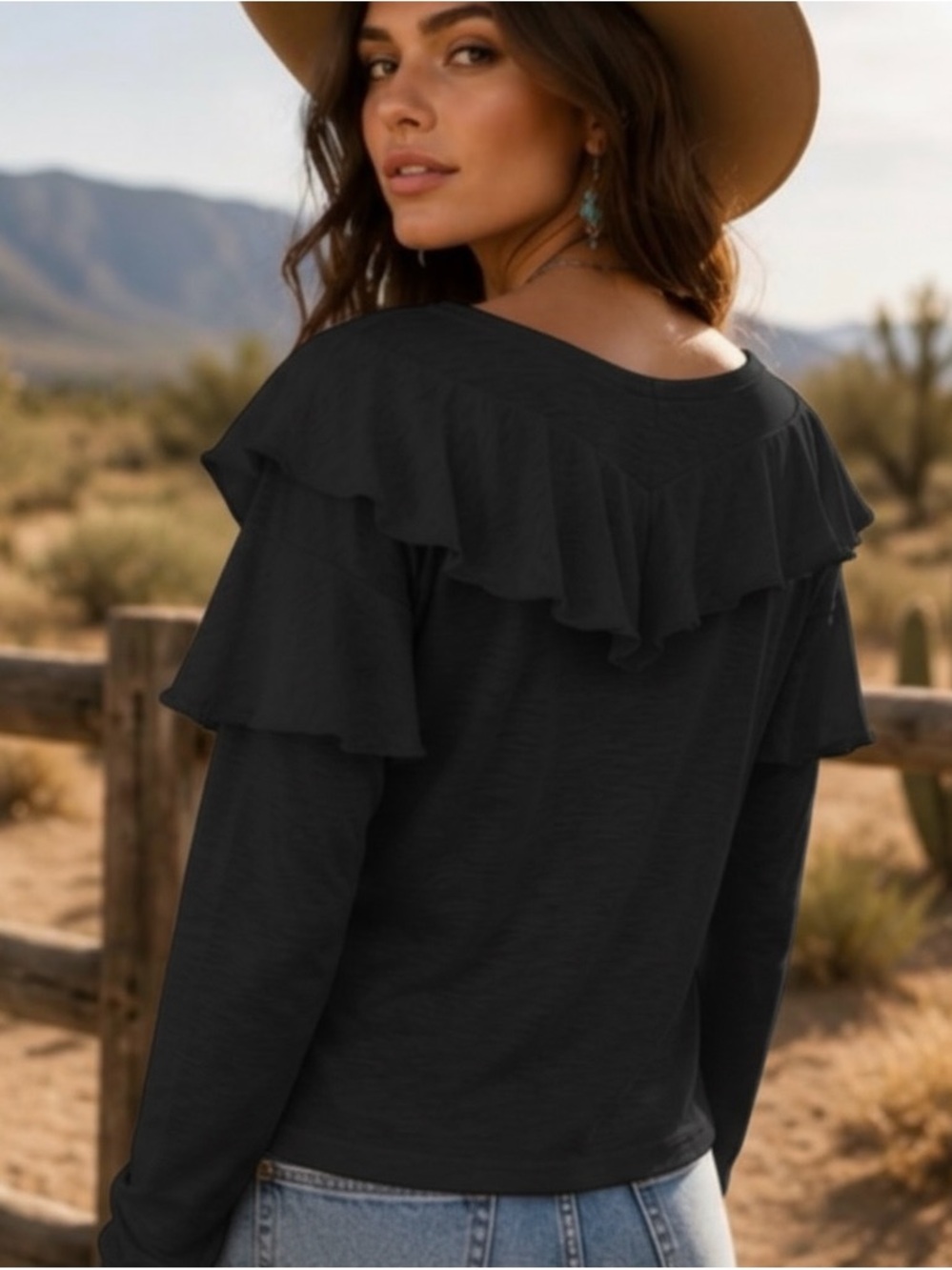 Nation Ltd Kelsey Ruffled Romance Tee Long Sleeve Pima Cotton Black Blouse Small - Picture 3 of 11